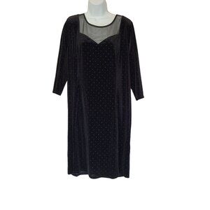 Lane Bryant Black Velvet Dress Size 18/20 Sheer Neckline Stud Accents Knee